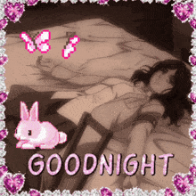 a picture of a girl laying on a bed with the words goodnight written on it