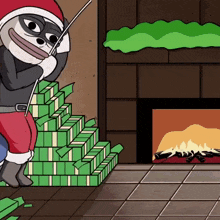 a cartoon of a raccoon wearing a santa hat standing next to a pile of money