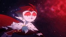 a cartoon character with red eyes and a cape stands in front of a red background