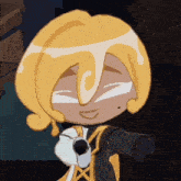 a cartoon character with yellow hair is smiling and holding a cup