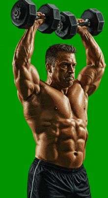 a man is lifting a pair of dumbbells over his head with a green background