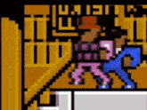 a pixel art of two people walking down stairs