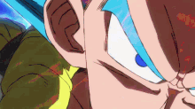a close up of a person 's face with blue hair