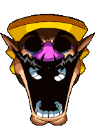 a cartoon of a man with a purple nose and a yellow hat