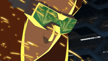 a cartoon character wearing a pair of green and yellow glasses