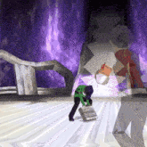 a video game scene with a purple background and a person in a green jacket