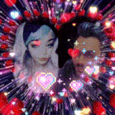 a man and a woman are surrounded by hearts