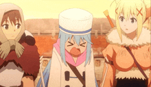 three anime characters are standing next to each other and one of them is making a funny face