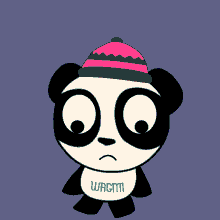 a cartoon panda bear wearing a red hat with a blue and green stripe