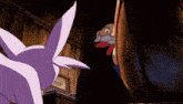 a cartoon character is looking out of a doorway while another character looks on