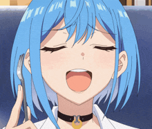 a girl with blue hair is holding a fork and wearing a choker with the letter d on it