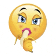 a female smiley face is eating a banana with her tongue .