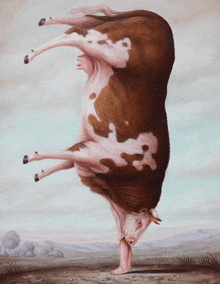 a painting of a cow with a person 's foot sticking out of it
