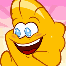 a yellow cartoon character with blue eyes and a smile on his face