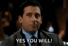 a man in a suit and tie is holding a glass of water and says `` yes you will '' .