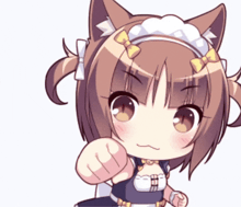 a cartoon girl with cat ears and a maid outfit is pointing at the camera