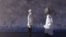 a couple of anime characters standing next to each other in front of a cloudy sky