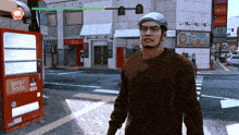 a man standing in front of a lucky soda machine