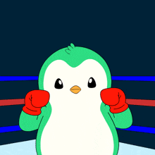 a cartoon of a penguin wearing red boxing gloves in a ring