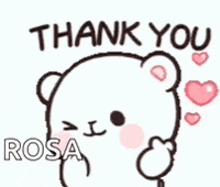 a white teddy bear is saying thank you with pink hearts around it .