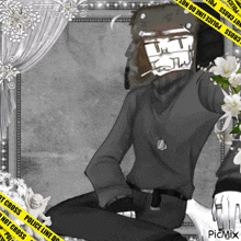 a black and white photo of a man with a mask and flowers with a police line do not cross tape