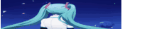 hatsune miku is standing in front of a blue sky with a person in the background .