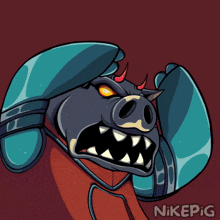 a cartoon drawing of an angry pig with the name nikepig on the bottom right