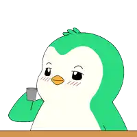 a cartoon of a green penguin holding a cup