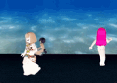 a girl with pink hair is standing next to a girl in a white dress