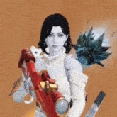 a woman in a white sweater is holding a red gun and a white cat .