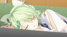 a girl with green hair is sleeping on a couch with her eyes closed
