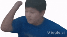 a boy in a blue shirt is flexing his muscles in front of a white background with the words vigle.ai on it