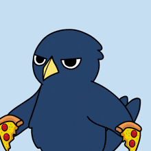 a cartoon bird is holding two slices of pizza over its head