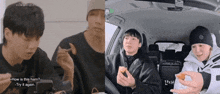 two men are sitting in a car eating food and one of them is asking how is this ham ?