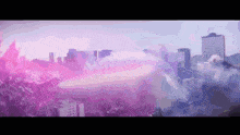 a painting of a city skyline with purple smoke coming out of the buildings