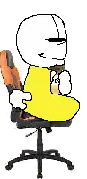 a cartoon character is sitting in an office chair holding a coffee cup .