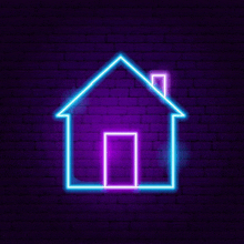 a neon sign of a house on a dark brick wall