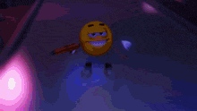 a cartoon character with a smiley face is holding a pink object