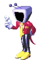 a pixel art drawing of a cartoon character with a tv head