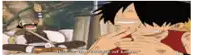 a cartoon of monkey d luffy pointing at his nose while another cartoon character laughs in the background
