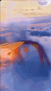 a painting of a plane flying through the clouds with a full moon in the background