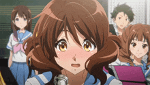 a group of anime girls are standing in a classroom with one girl covering her mouth with her hand