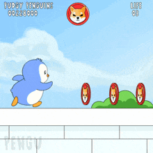 a penguin is jumping in the air in a video game called puddy penguins