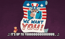 a poster that says we want you with a cartoon character
