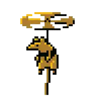 a pixel art illustration of a dog hanging from a pole