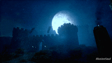 a picture of a castle at night with a full moon in the background