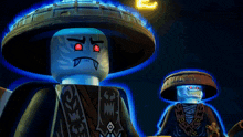 two lego figures are standing next to each other