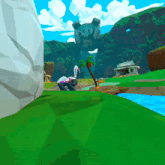 a video game scene with a statue in the background and a building that says ' waste bay ' on it