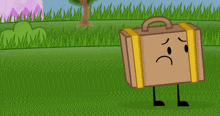 a cartoon briefcase with a sad face and legs is walking on the grass .