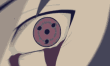a close up of a person 's eye with a pink pupil and three dots .